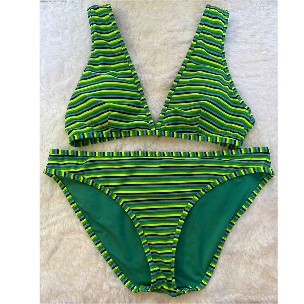 Aerie green blue navy and neon bikini scoop top and bottoms medium
